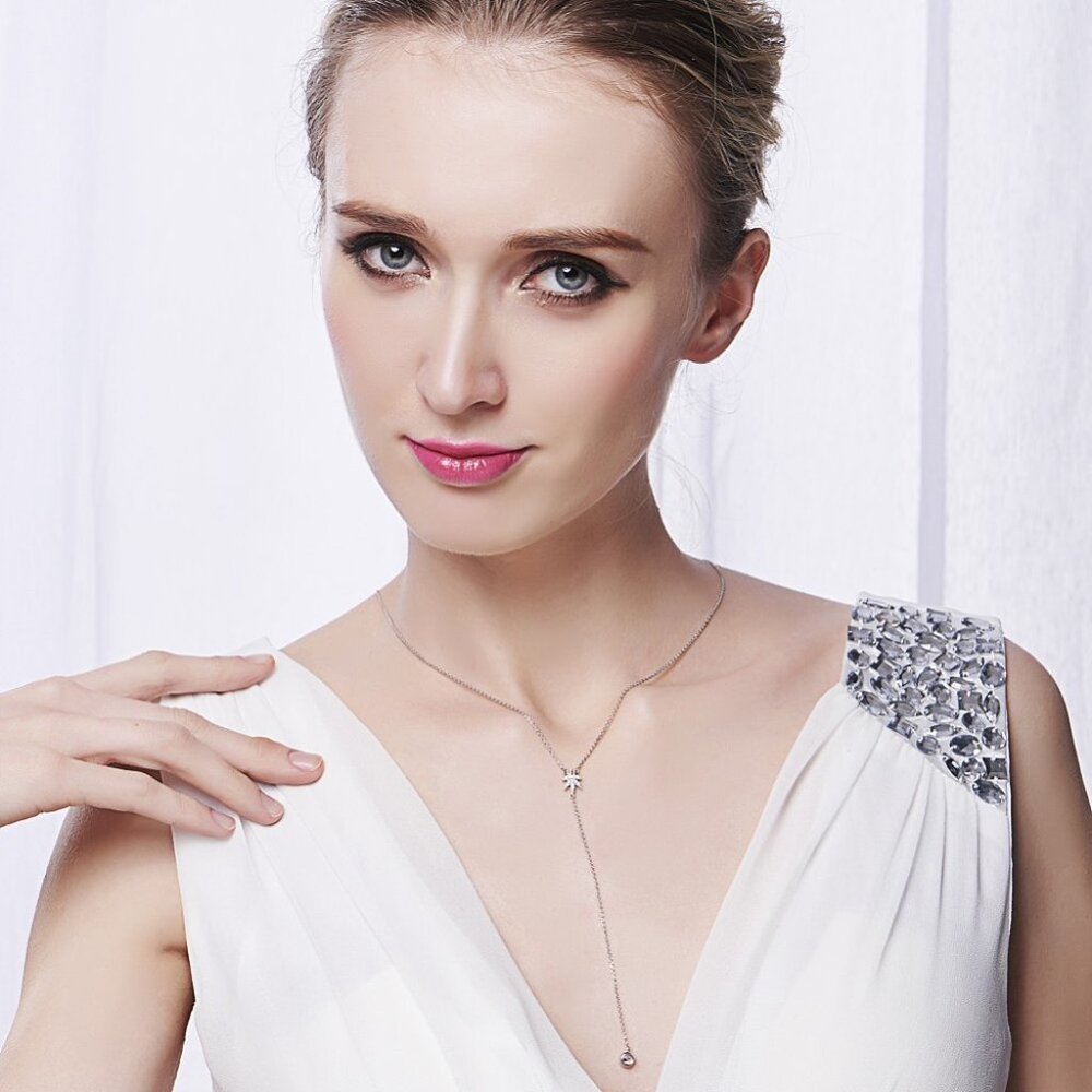 Leaf Design CZ 925 Sterling Silver Cascading Pendant Y Necklace with CZ